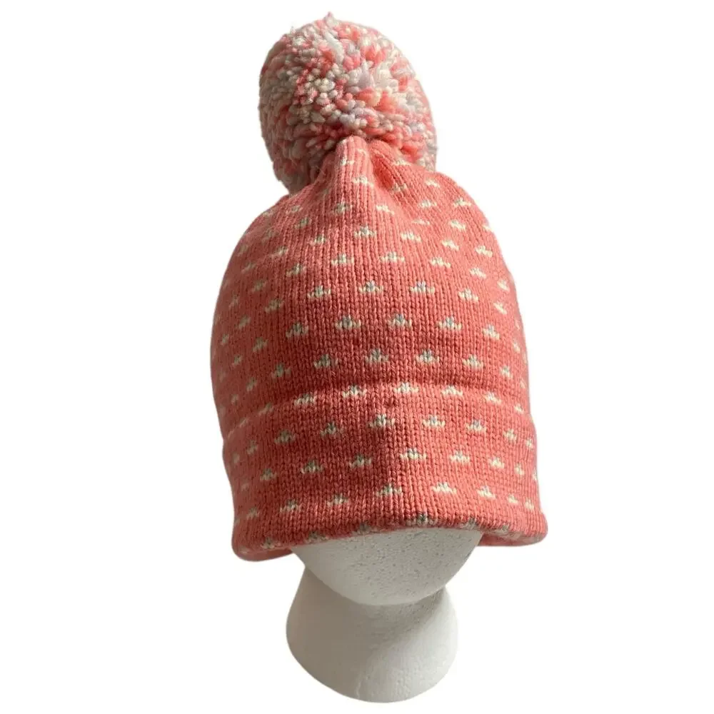 Vintage 80s Serac Wool Beanie Pink Birdseye Print Pom Pom Womens Ski Hat USA